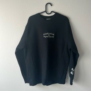 Embroidered “Meditation & Psychedelics” crewneck sweatshirt.